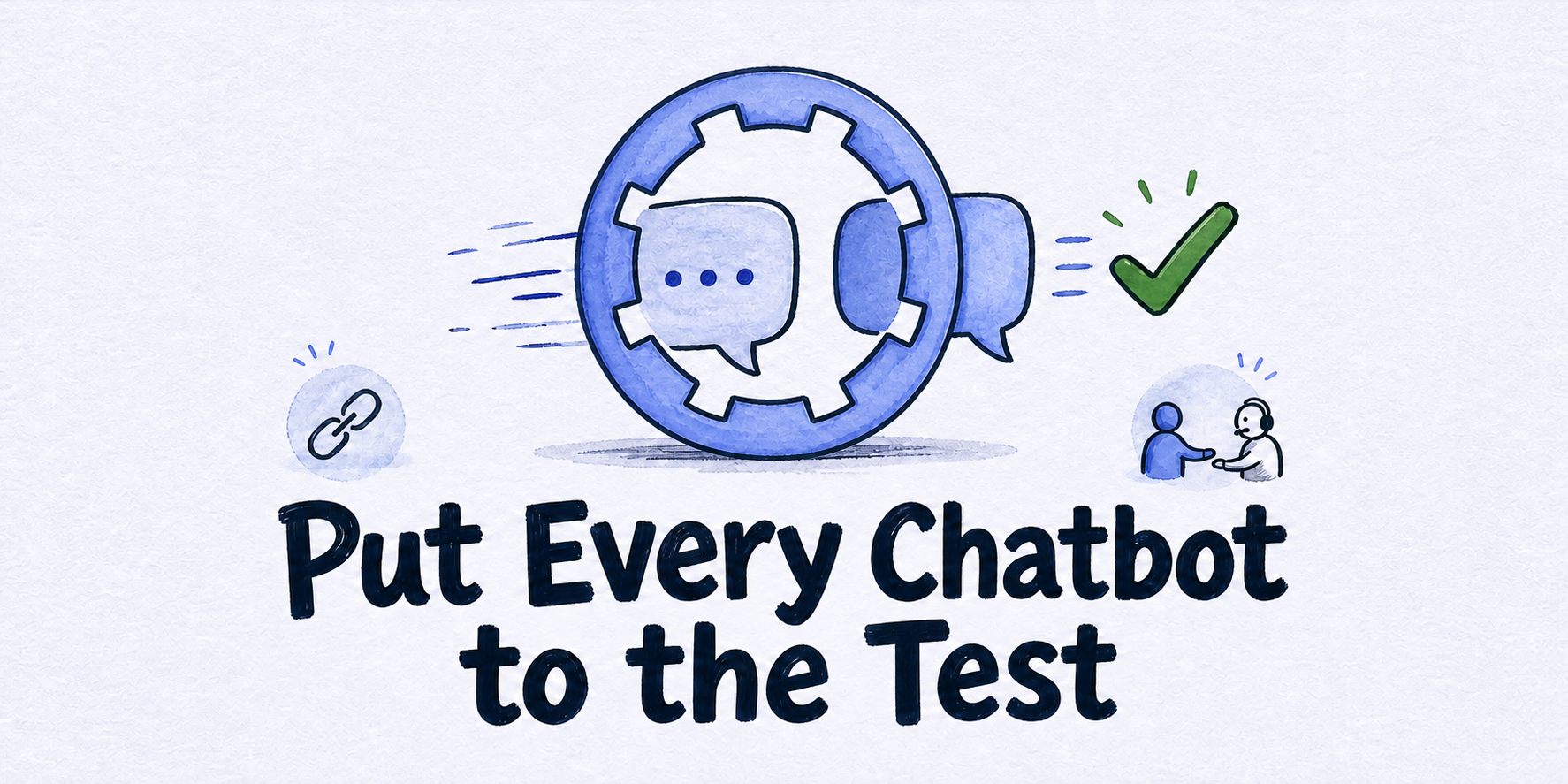 Hand-drawn editorial illustration for Choose an AI Chatbot for Your Website With an 8-Part Test