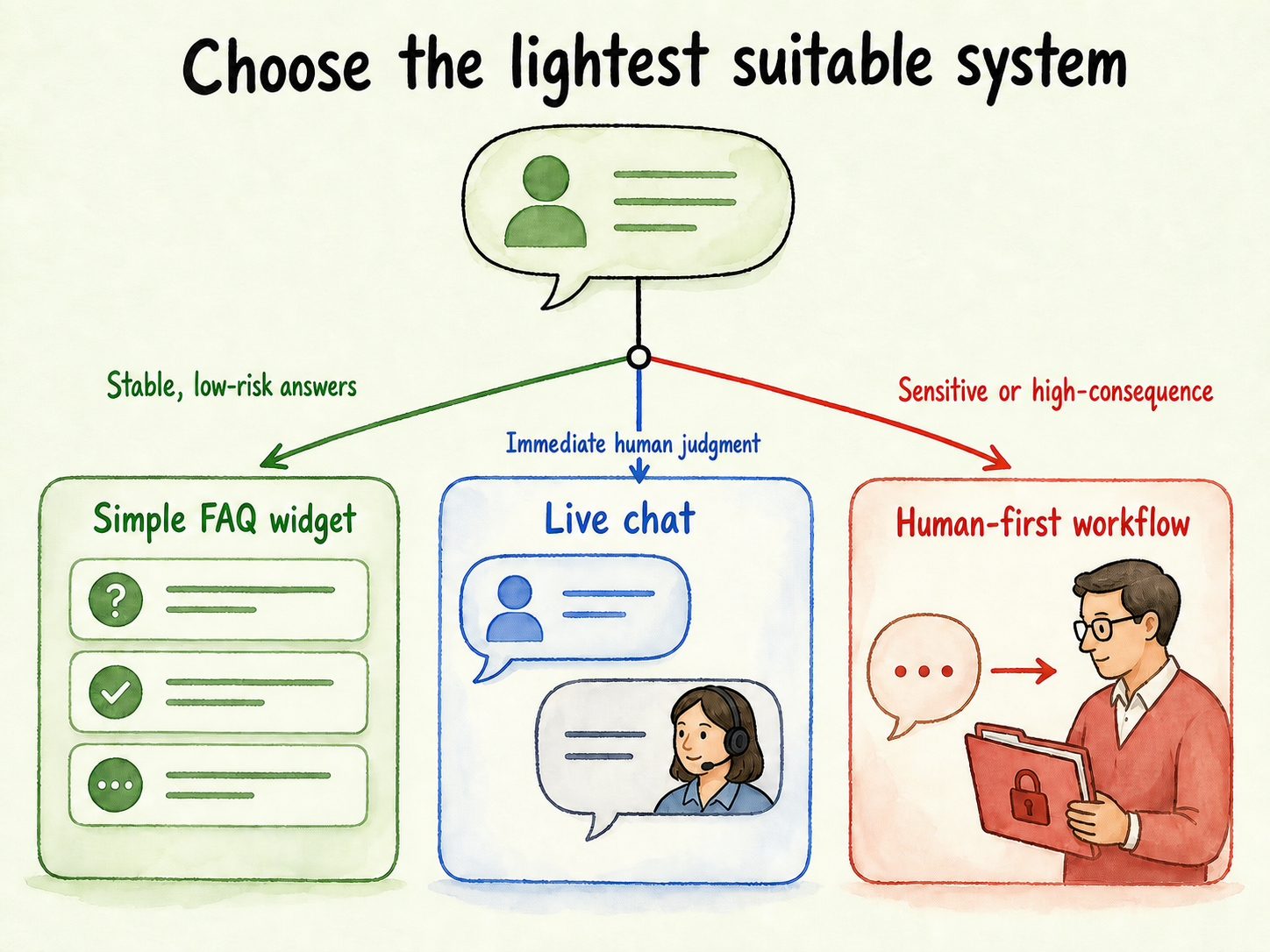 Decision tree choosing an FAQ widget, live chat, or human-first workflow based on visitor needs and risk.