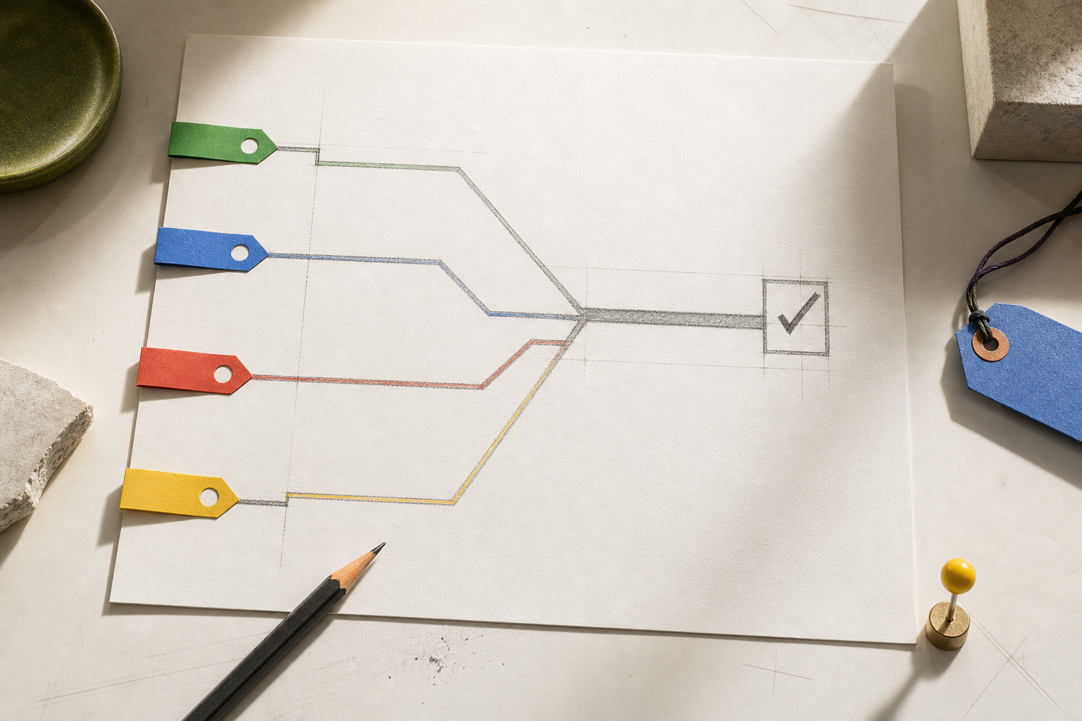 Editorial contract sheet narrowing many chatbot ideas into one approved workflow.