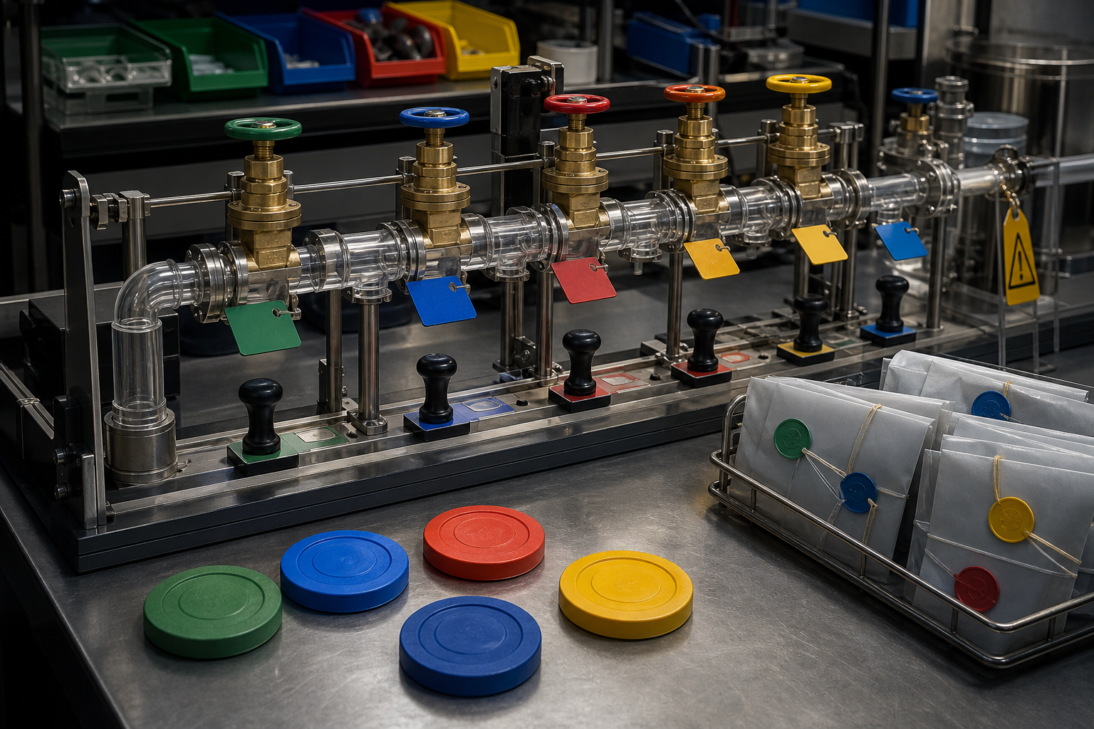 A narrow chatbot workflow inside a protective test rig, with risky promises held outside by gates, locks, and warning tags.
