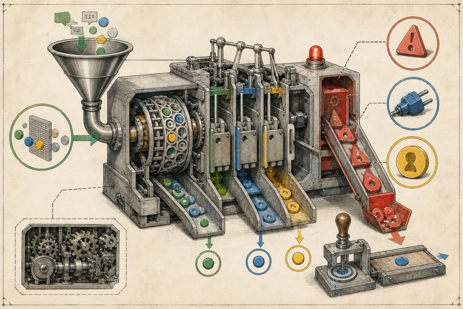 A mechanical safety cutaway showing chatbot actions stopped by approval gates and routed to a handoff chute when exceptions appear.