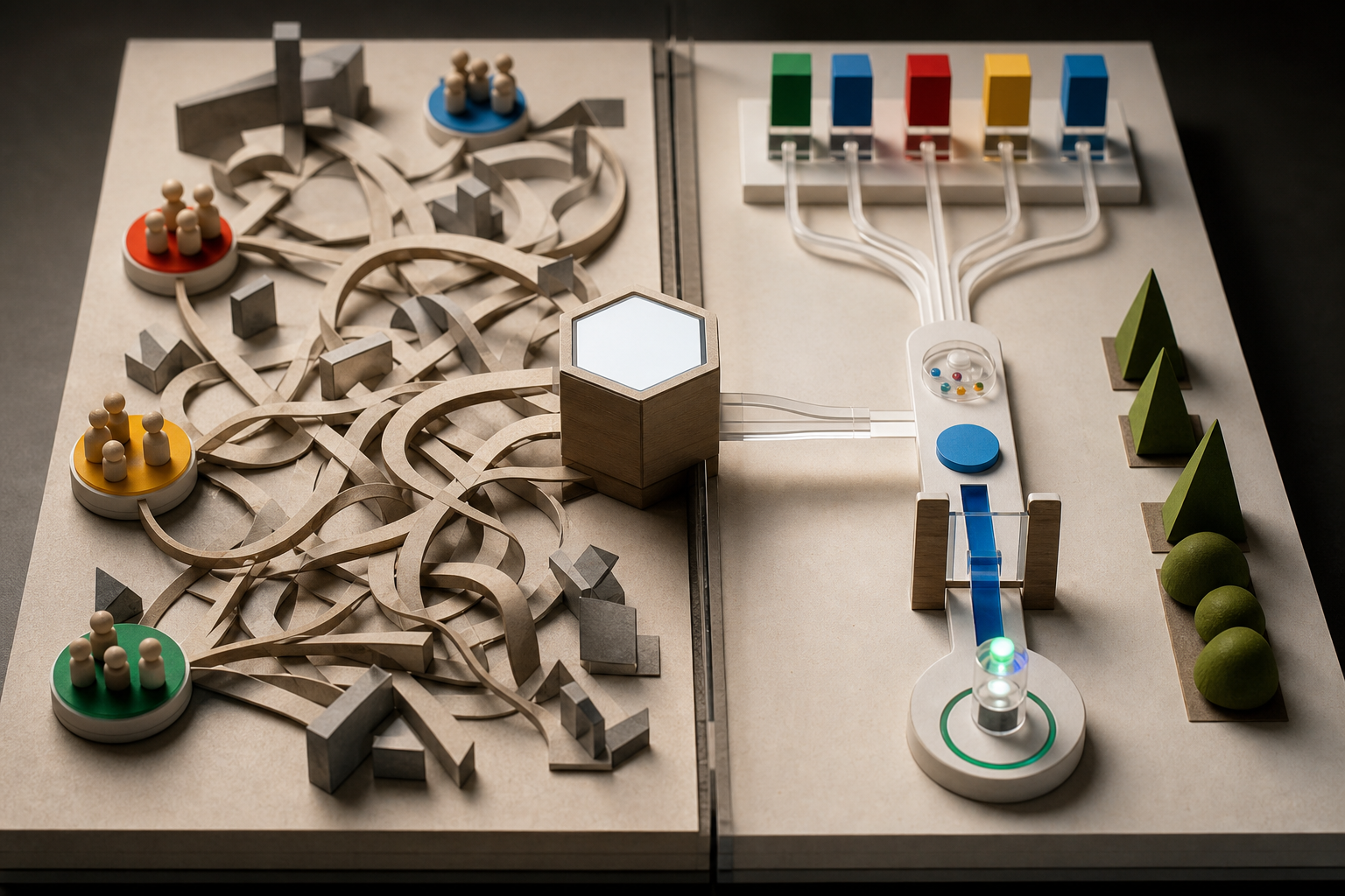 A miniature service-offer model showing a broad AI promise collapsing into several stakeholder paths, beside a single booking-page lead-capture route with sources and handoff.