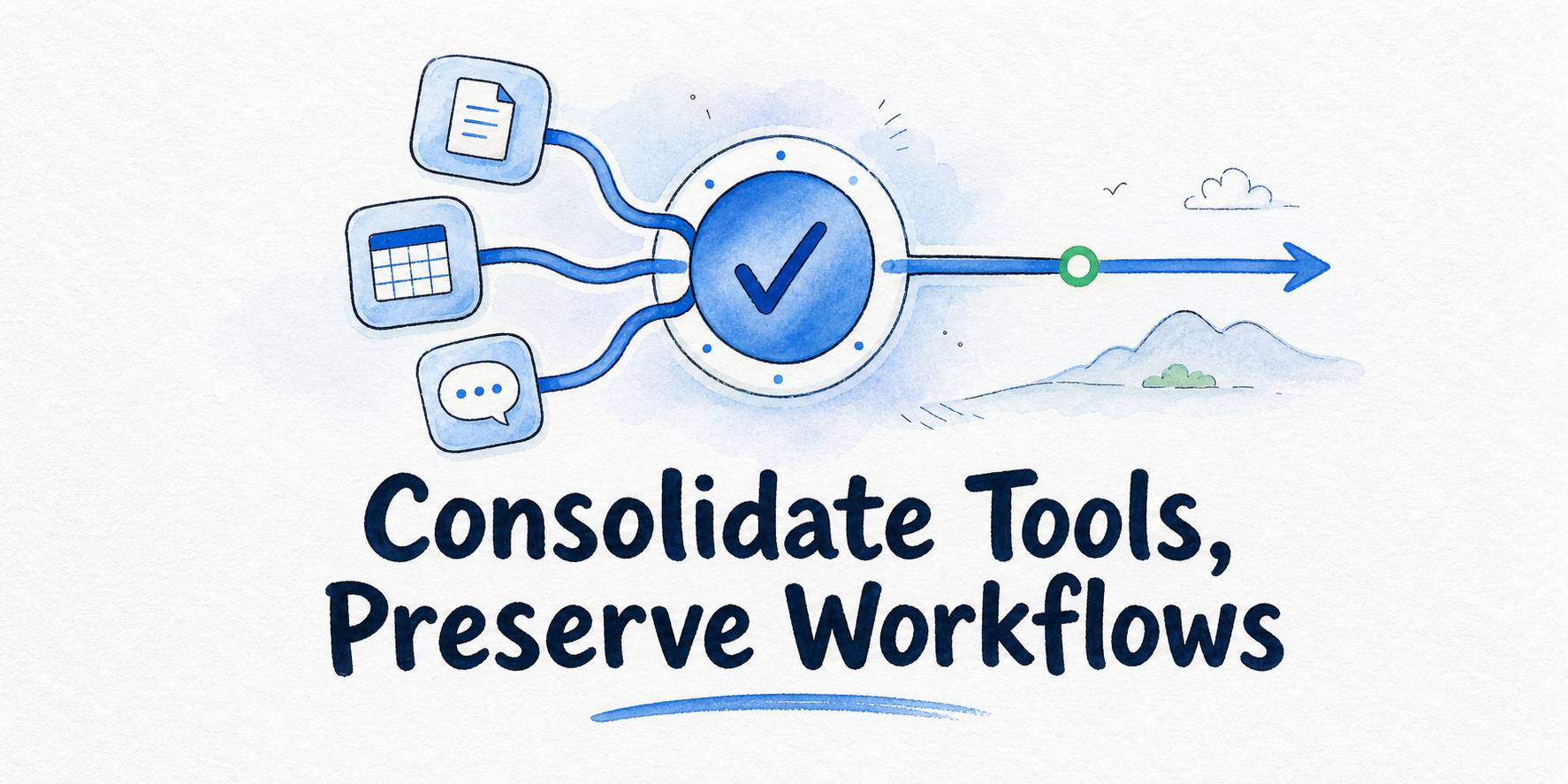 Hand-drawn editorial illustration for How to Consolidate AI Tools Without Breaking Workflows