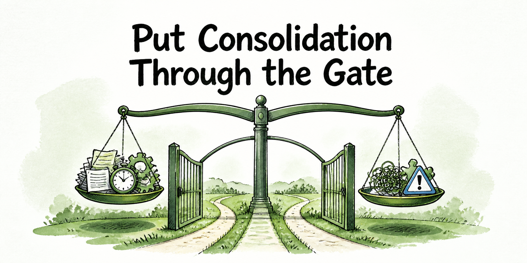A gated balance weighs recurring tool friction against transition work, capability gaps, and control risks before three paths diverge.