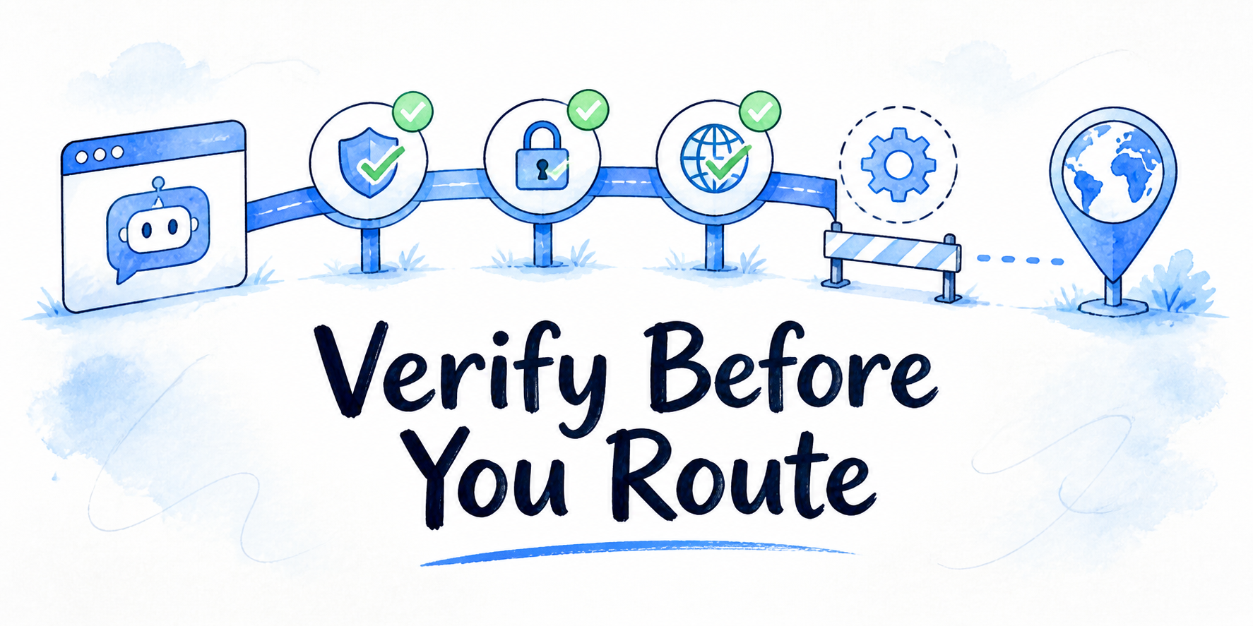 A branded web route passes through four evidence checkpoints before reaching a public custom domain.