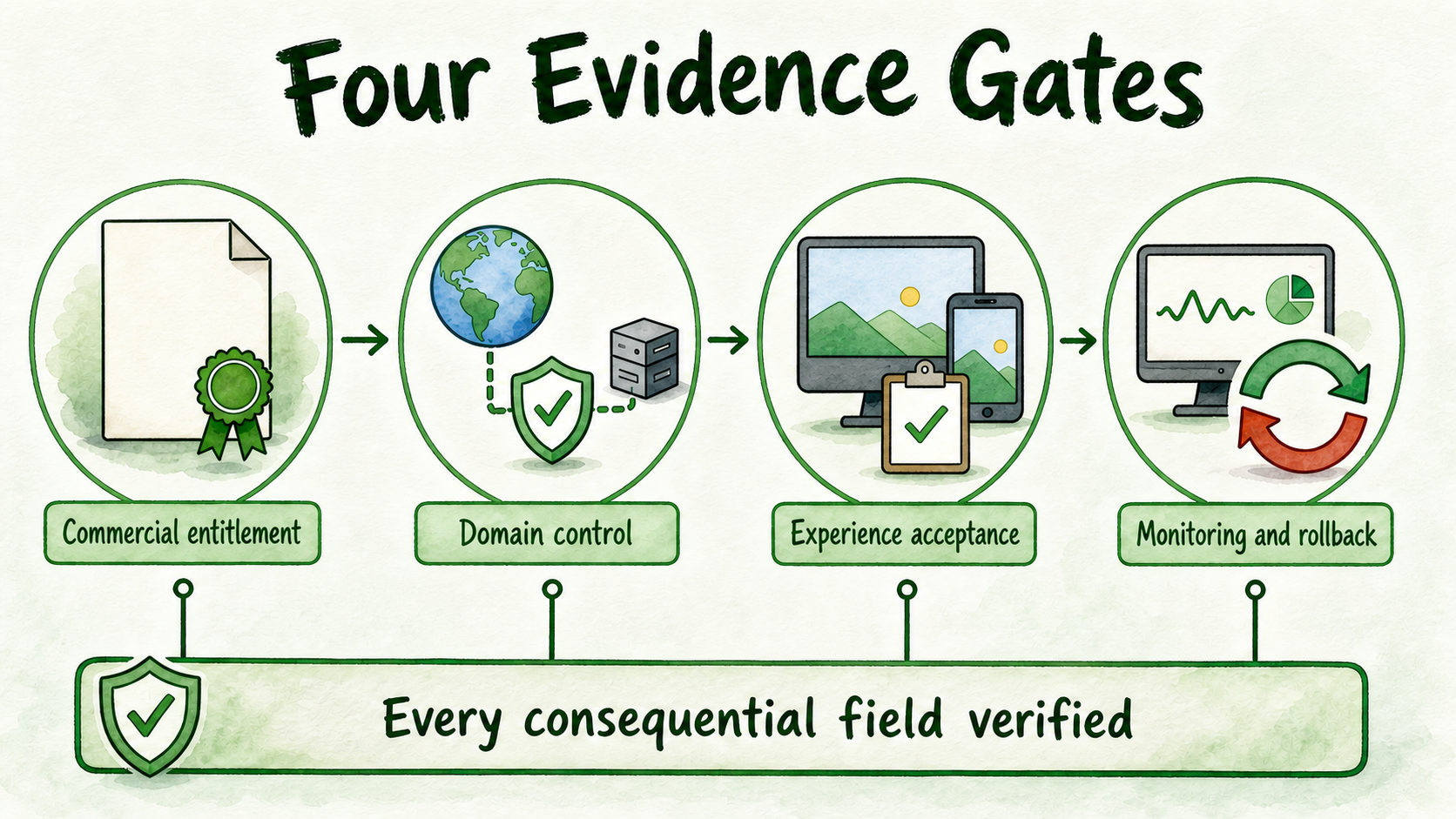 Four sequential evidence gates: entitlement, domain control, experience acceptance, and monitoring and rollback.