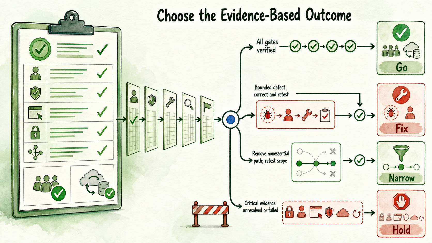 Decision map routes verified evidence to Go and unresolved or bounded issues to Fix, Narrow, or Hold.