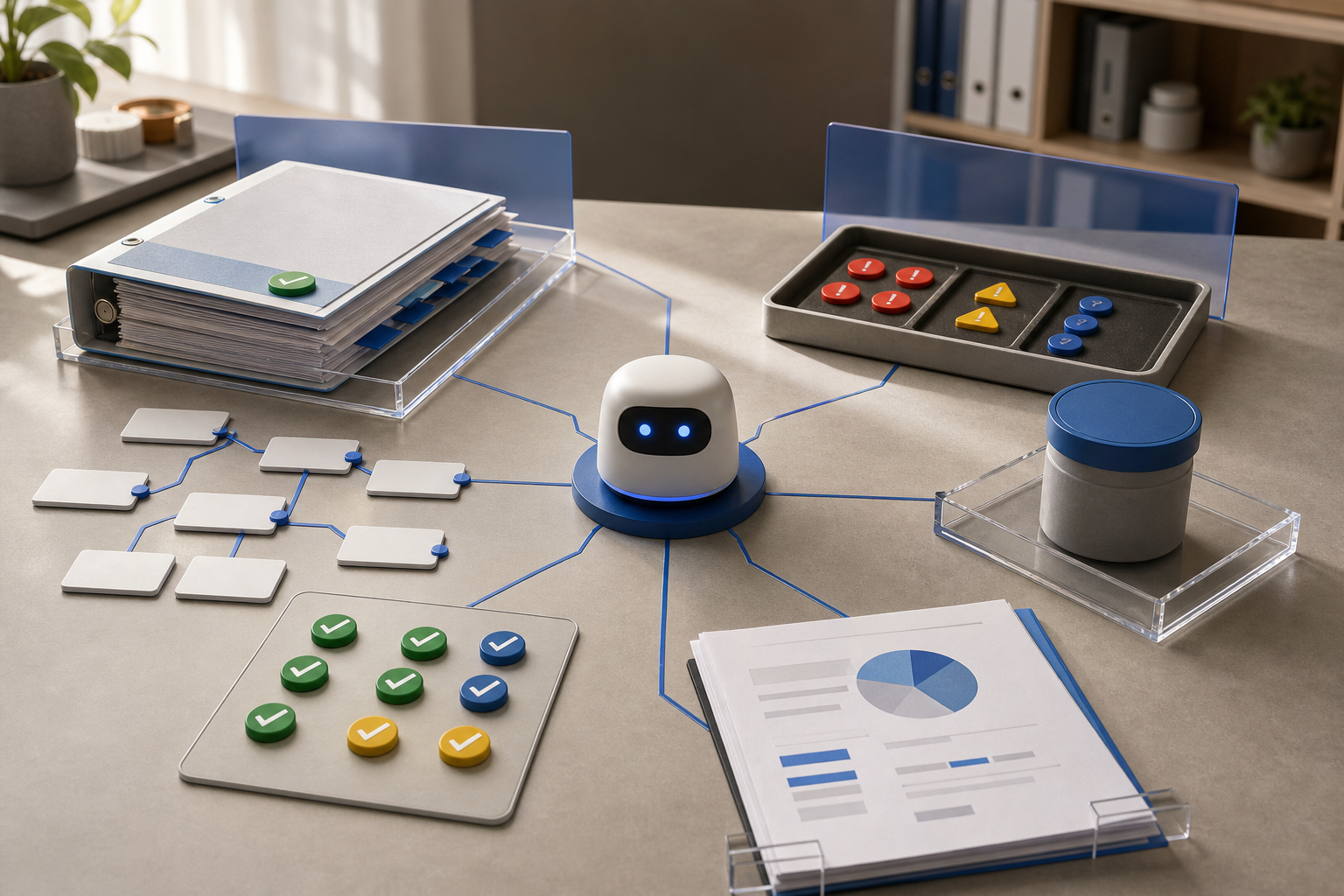 Bounded chatbot retainer workspace showing setup, maintenance, testing, monitoring, updates, and reporting as one service system.