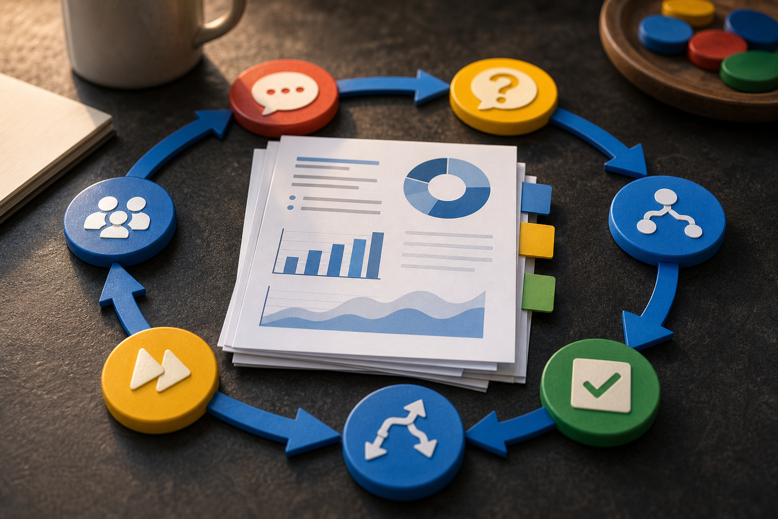 Monthly chatbot reporting loop connecting observed issues to updates and next actions.