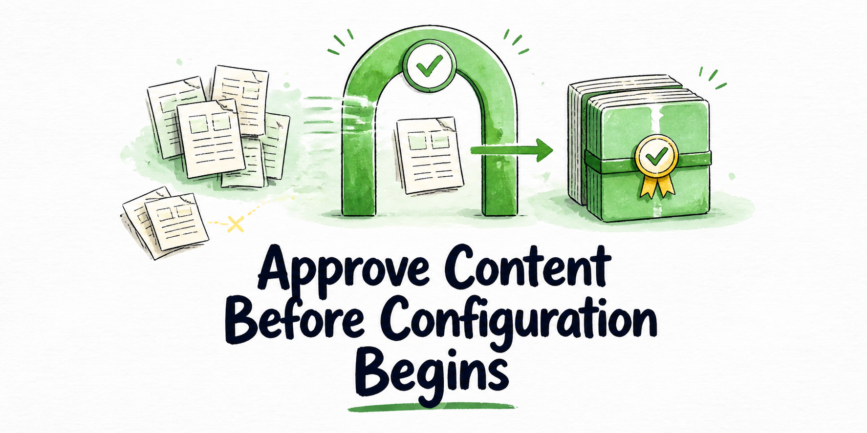 Approved documents pass through a content audit gate into a bounded source pack while unresolved material remains outside.