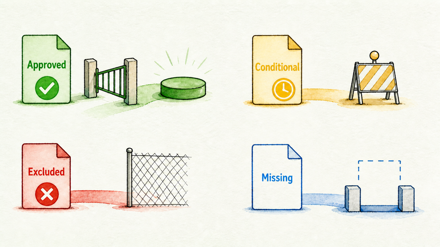 Four content statuses filter material into the initial source set, required actions, exclusions, or a gap register.