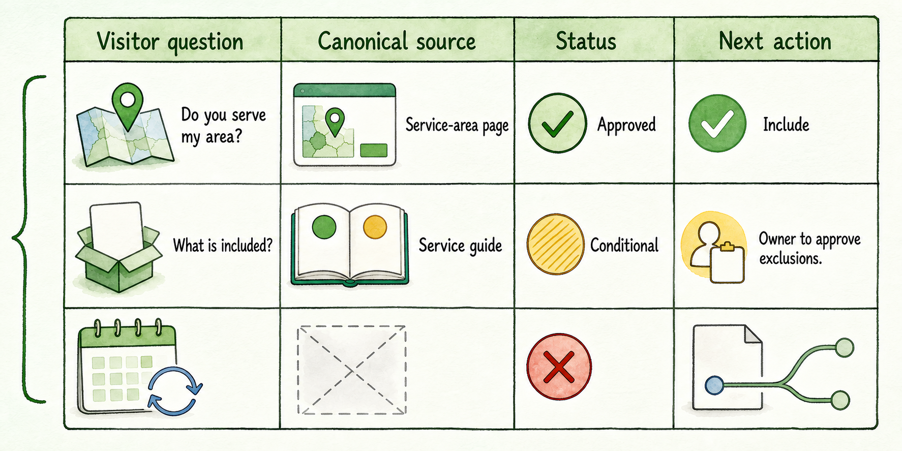 Coverage map linking three visitor questions to their canonical sources, readiness statuses, and required next actions.