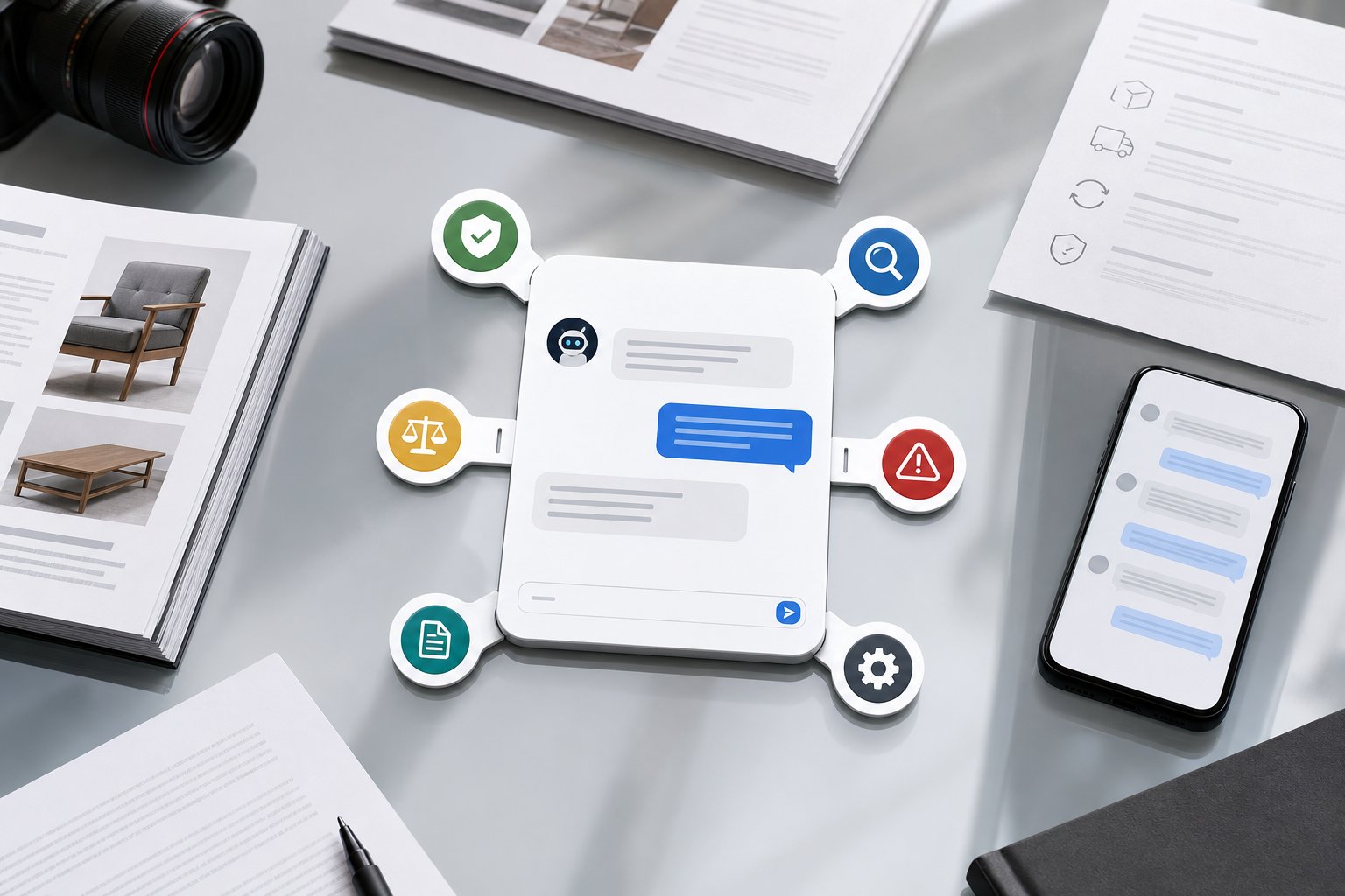 Branded AI chatbot evaluation scene showing source content, channels, workflow proof, and review evidence.