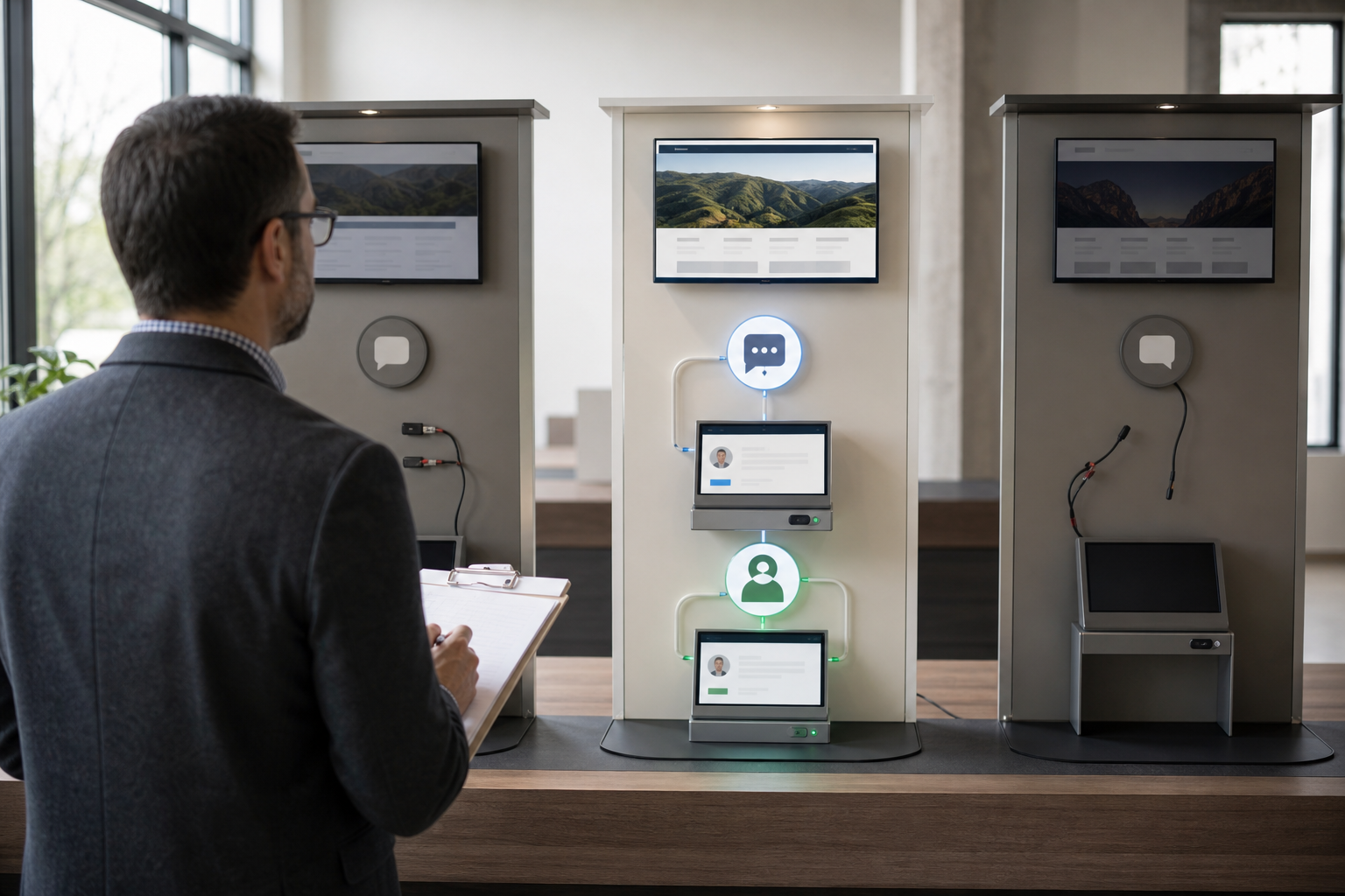 Agency evaluator inspects three chatbot demo stations, with only one ready for a client handoff.