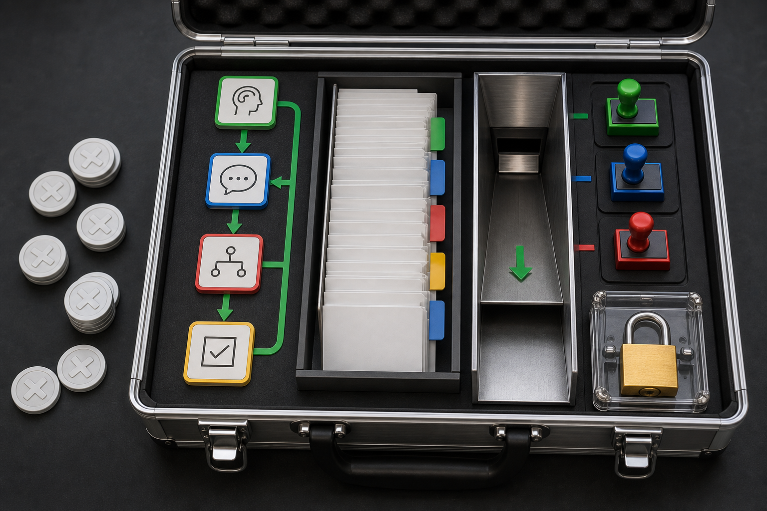 A sealed project boundary box contains a narrow chatbot workflow path, approved sources, handoff route, exclusions, tests, and change-control lock while extra requests wait outside.