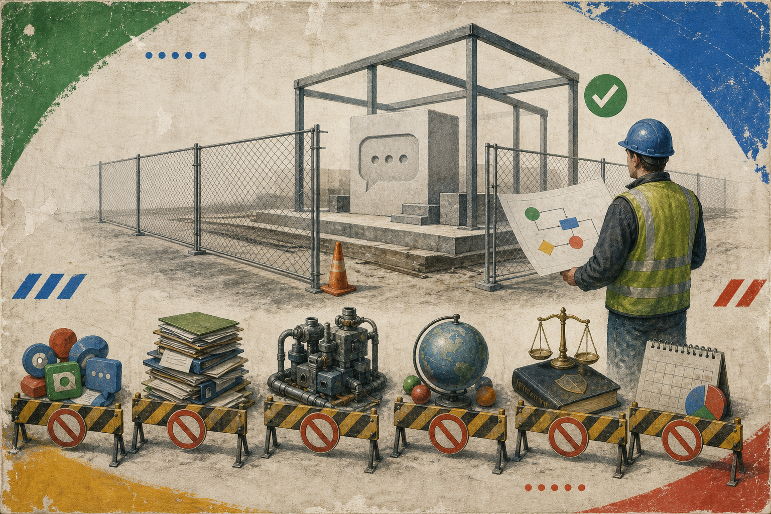 A safety-style hazard poster shows excluded chatbot work held behind barricades outside the priced project zone.