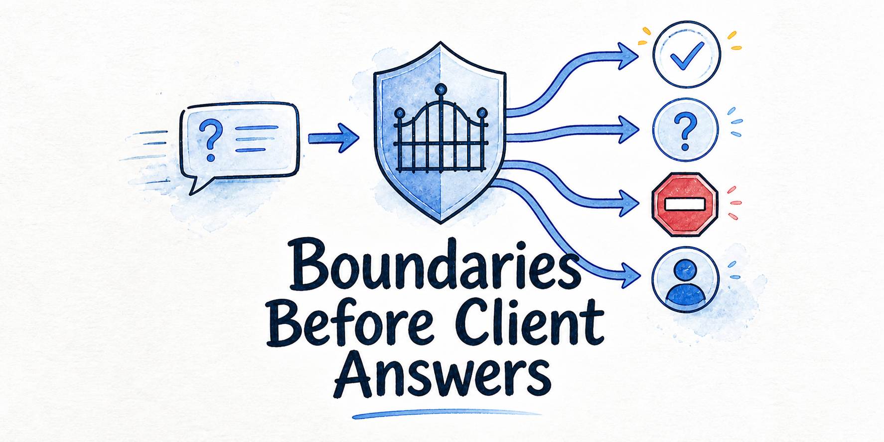 A client question approaches a clear boundary that routes it toward one of four controlled answer paths.