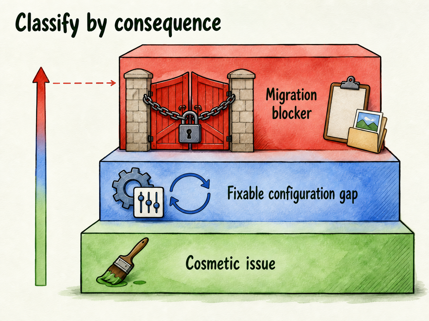 Three severity tiers show how cosmetic issues, configuration gaps, and migration blockers require different responses.