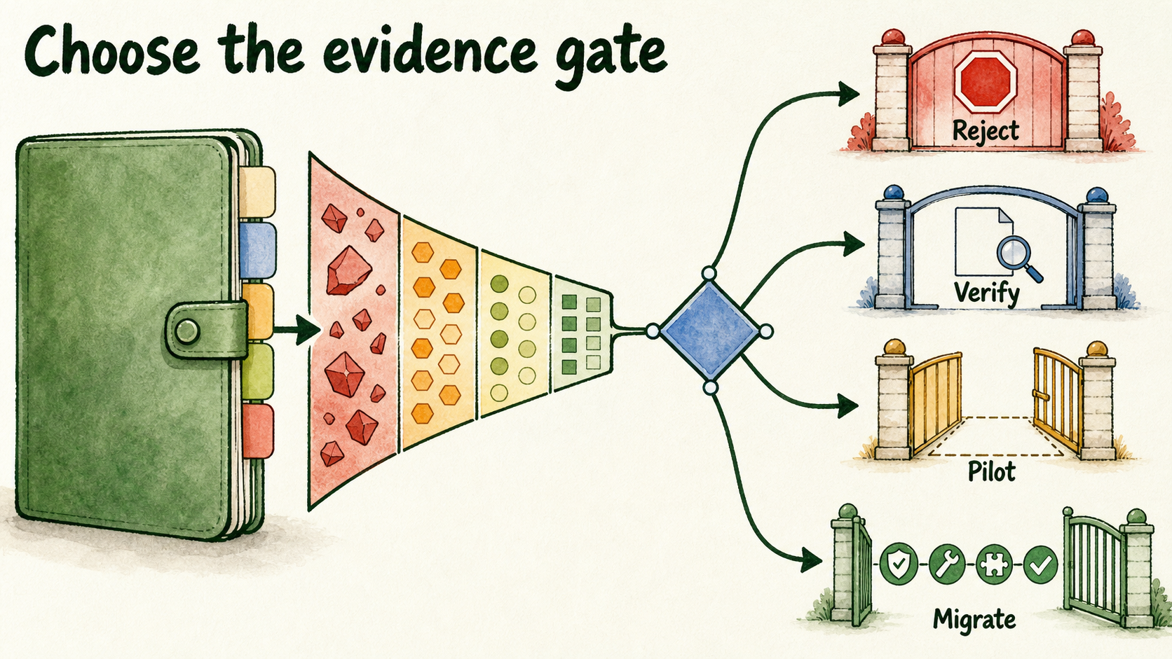 Evidence flows to four decision gates: Reject, Verify, Pilot, or Migrate.