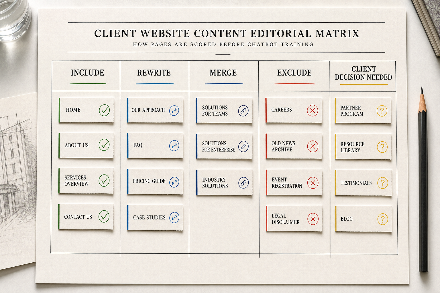 A page scoring matrix separating include, rewrite, merge, exclude, and client decision needed.