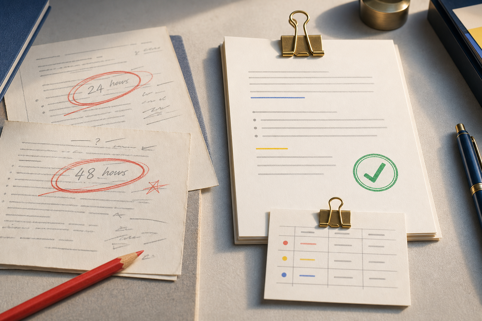 Two conflicting policy pages resolved into one approved answer and one gap log entry.