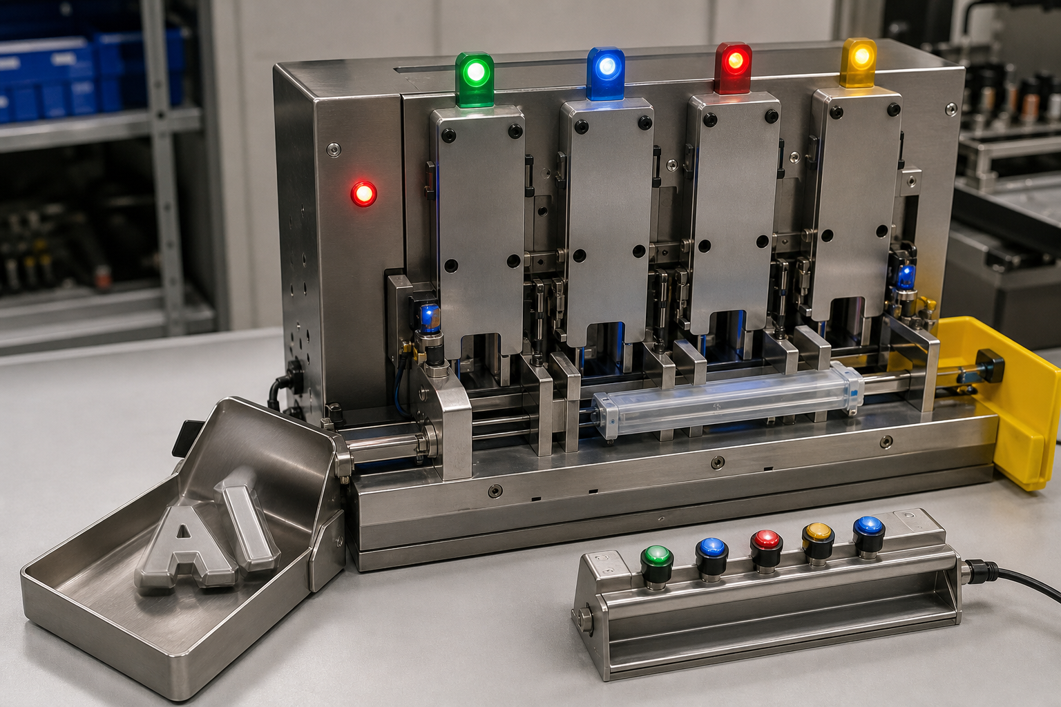 A realistic validation test rig sorting a vague AI chatbot request away from a narrow workflow pilot with source material, handoff path, owner stamp, and approval gate.