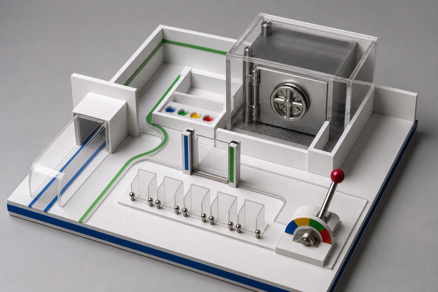 A small pilot enclosure with one entry point, one source vault, one handoff gate, and acceptance markers before launch.