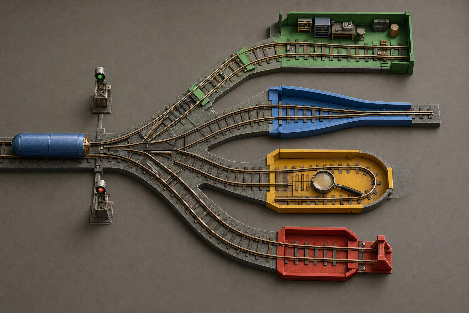 A four-way railway switch sorting an opportunity into proceed, narrow, more discovery, or stop without readable labels.