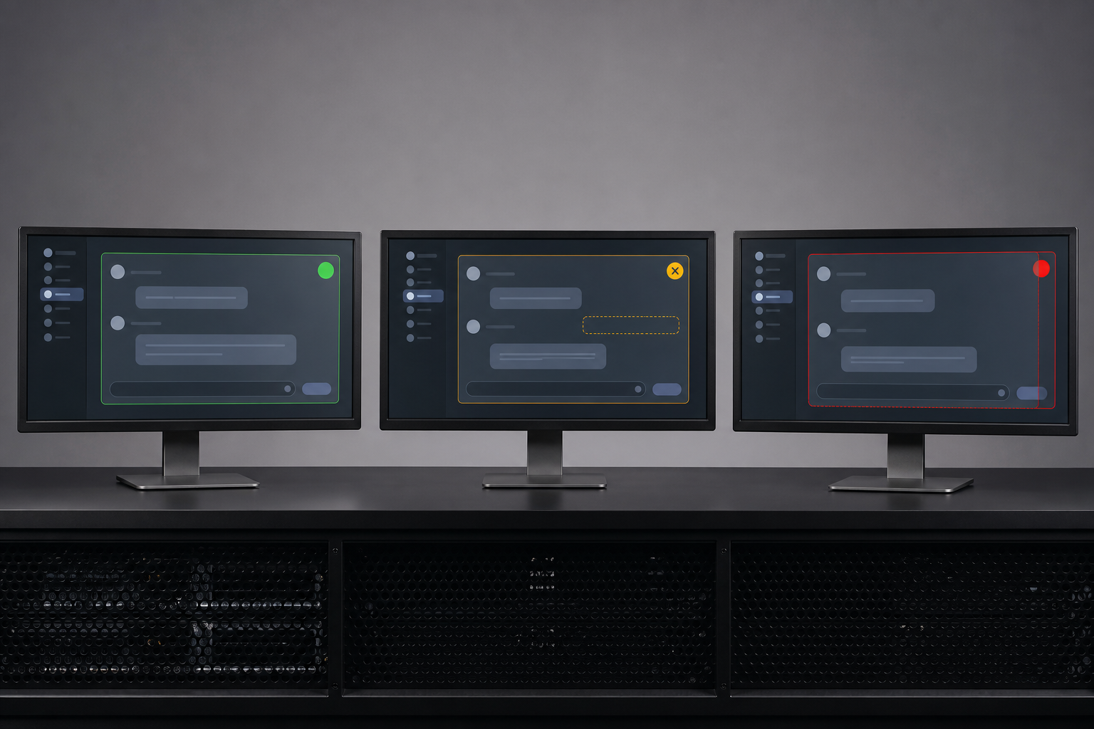Three QA screens show launch, fix, and narrow outcomes for the same website chatbot test.