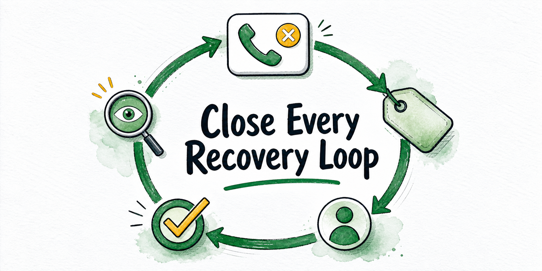 A missed-call record travels through a closed loop from detection to an owned, reviewed outcome.
