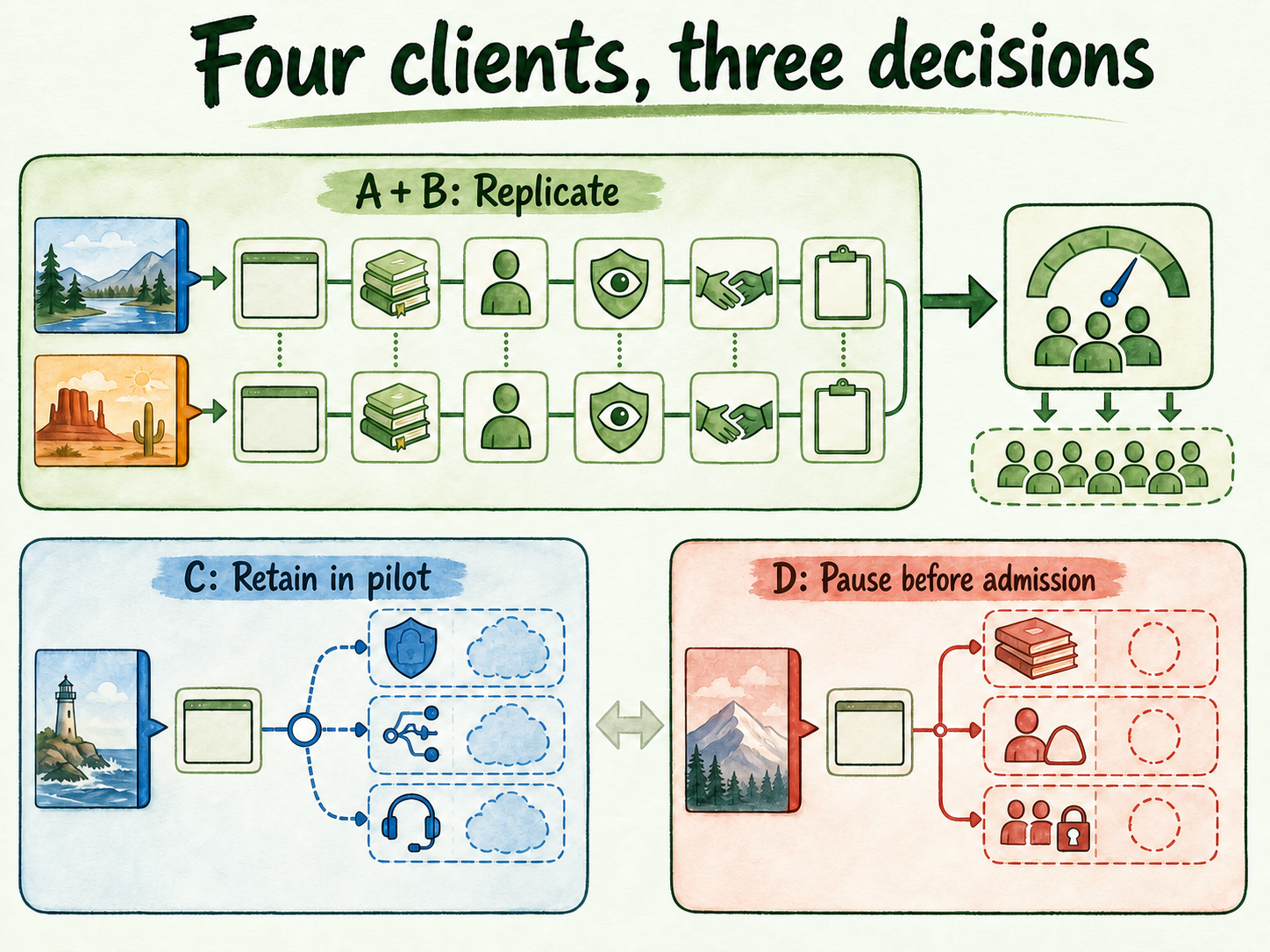 Clients A and B replicate, Client C stays in pilot, and Client D pauses before admission because blocking gaps remain.