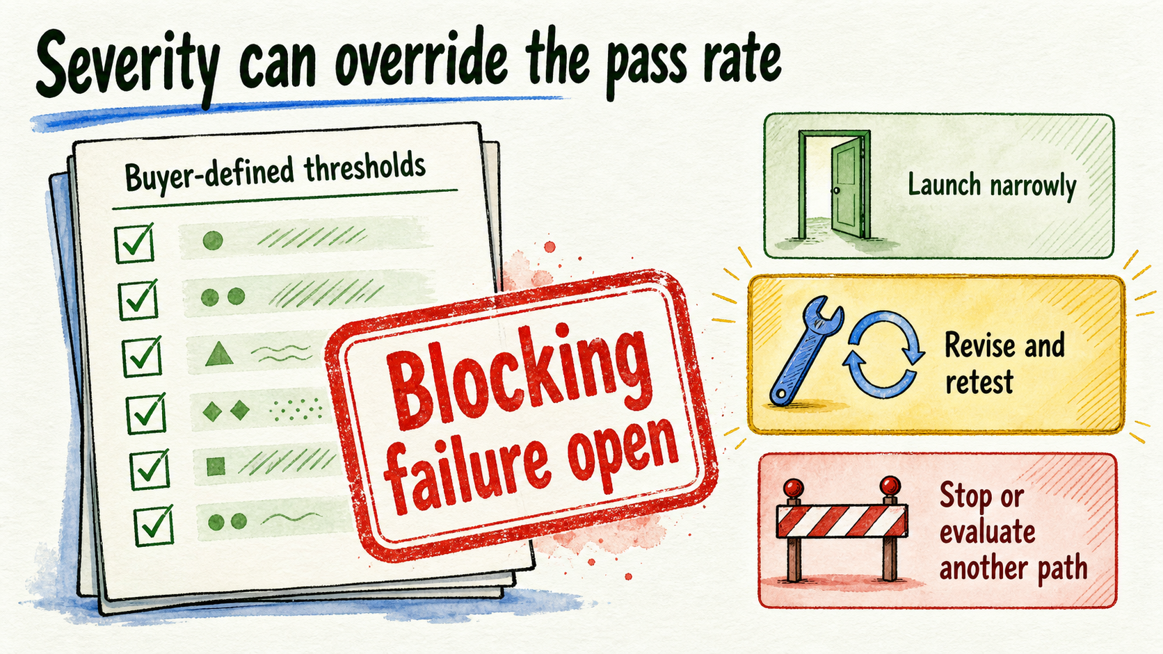 A launch scorecard prioritizes blocking failures over raw pass rates, leading to launch narrowly, revise, or stop.