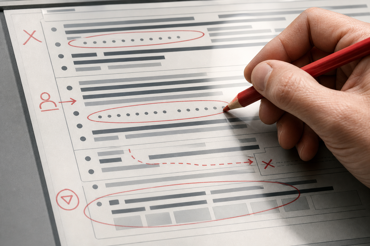 A reviewer marks repeated dead ends across anonymized chatbot transcripts.