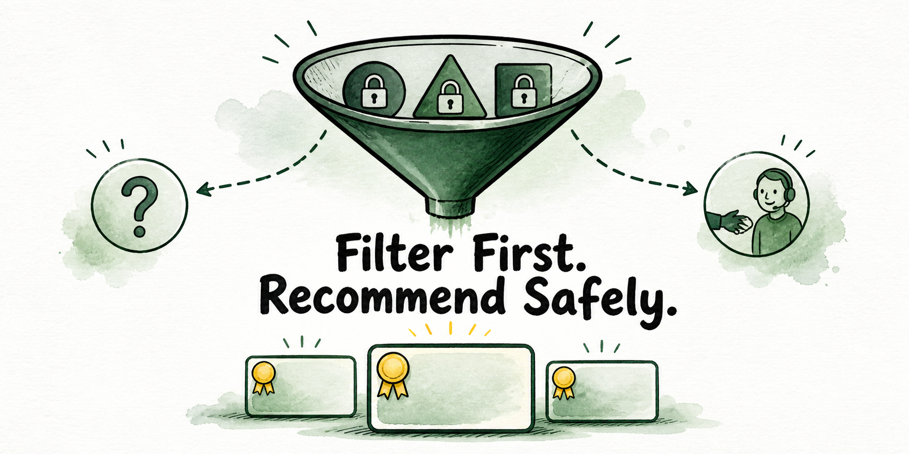 A filter admits eligible products, ranks the remainder, and routes unsupported cases to clarification or handoff.