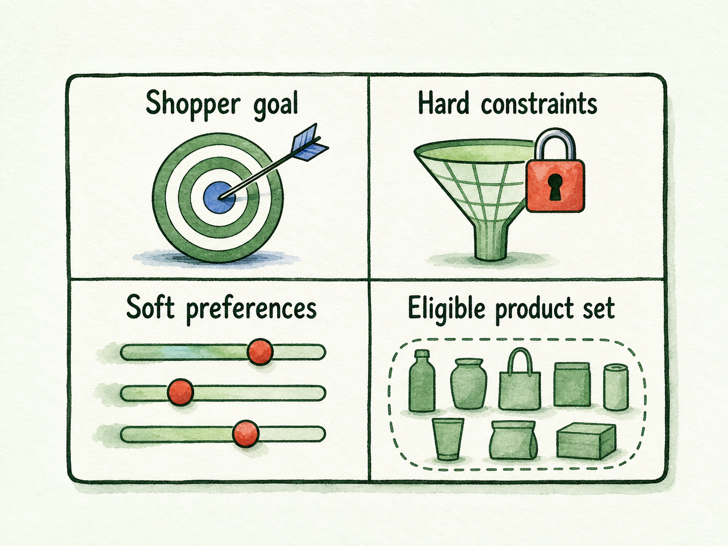 A recommendation contract card separates shopper goals, hard constraints, soft preferences, and the eligible product set.