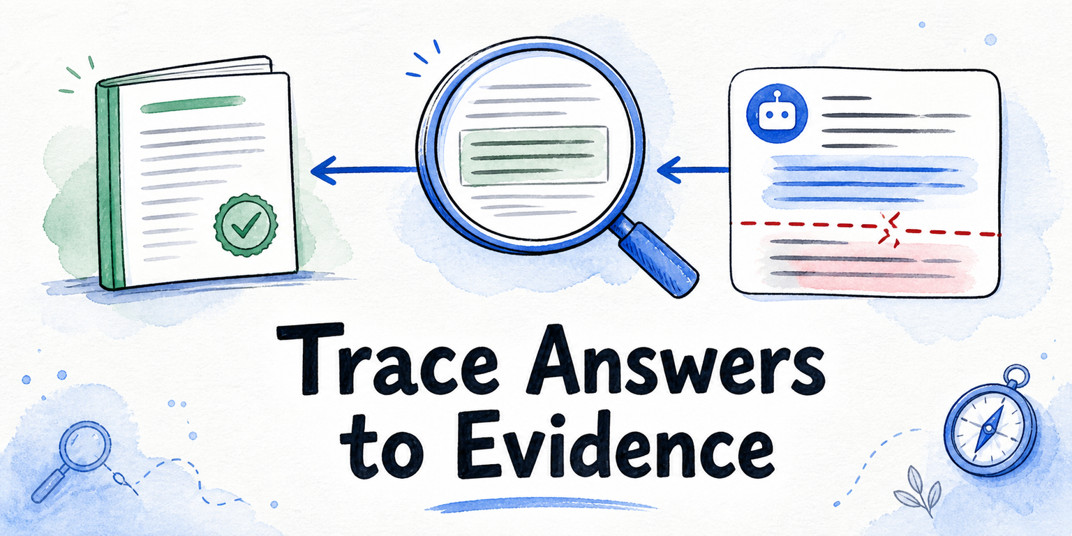 A magnifying lens follows one chatbot answer backward through a cited passage to an approved source.