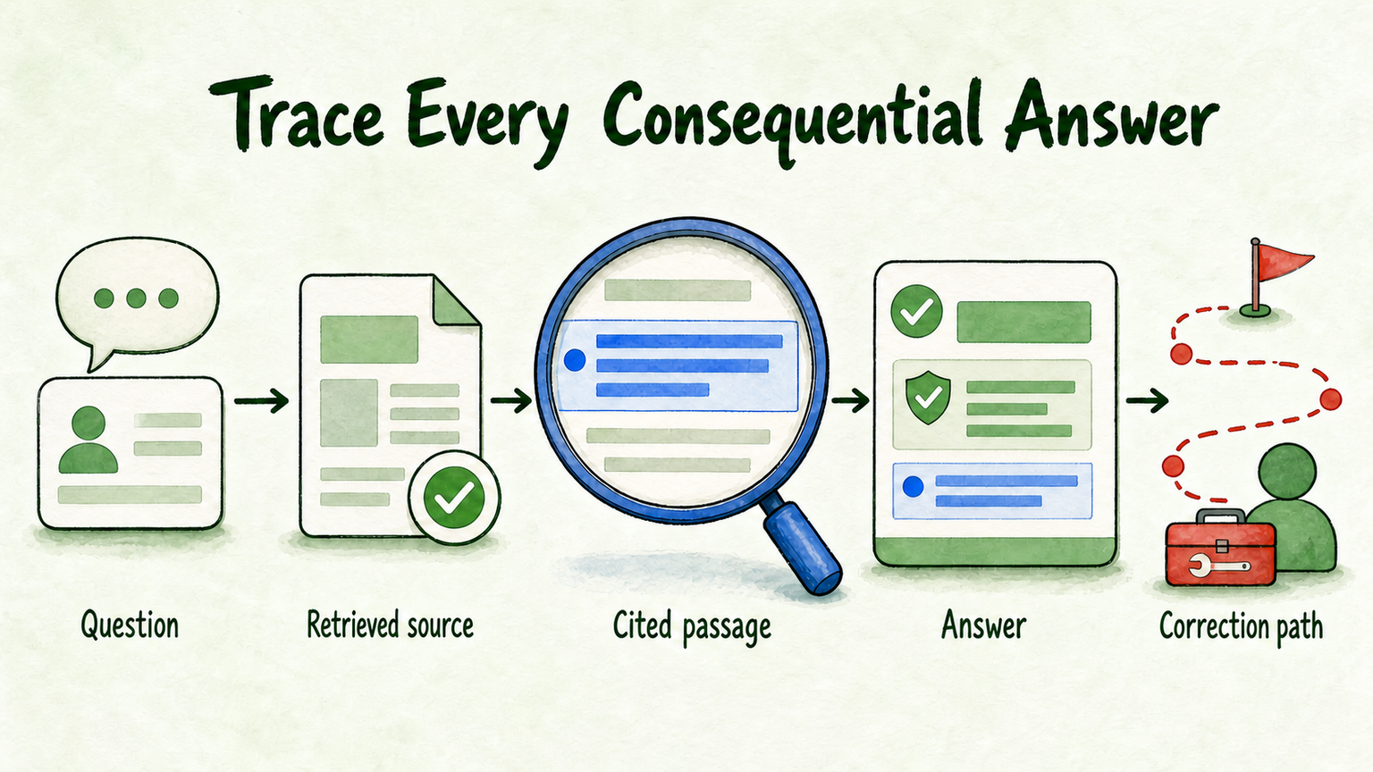 Five-step trace from a customer question through evidence and answer to the responsible correction path.