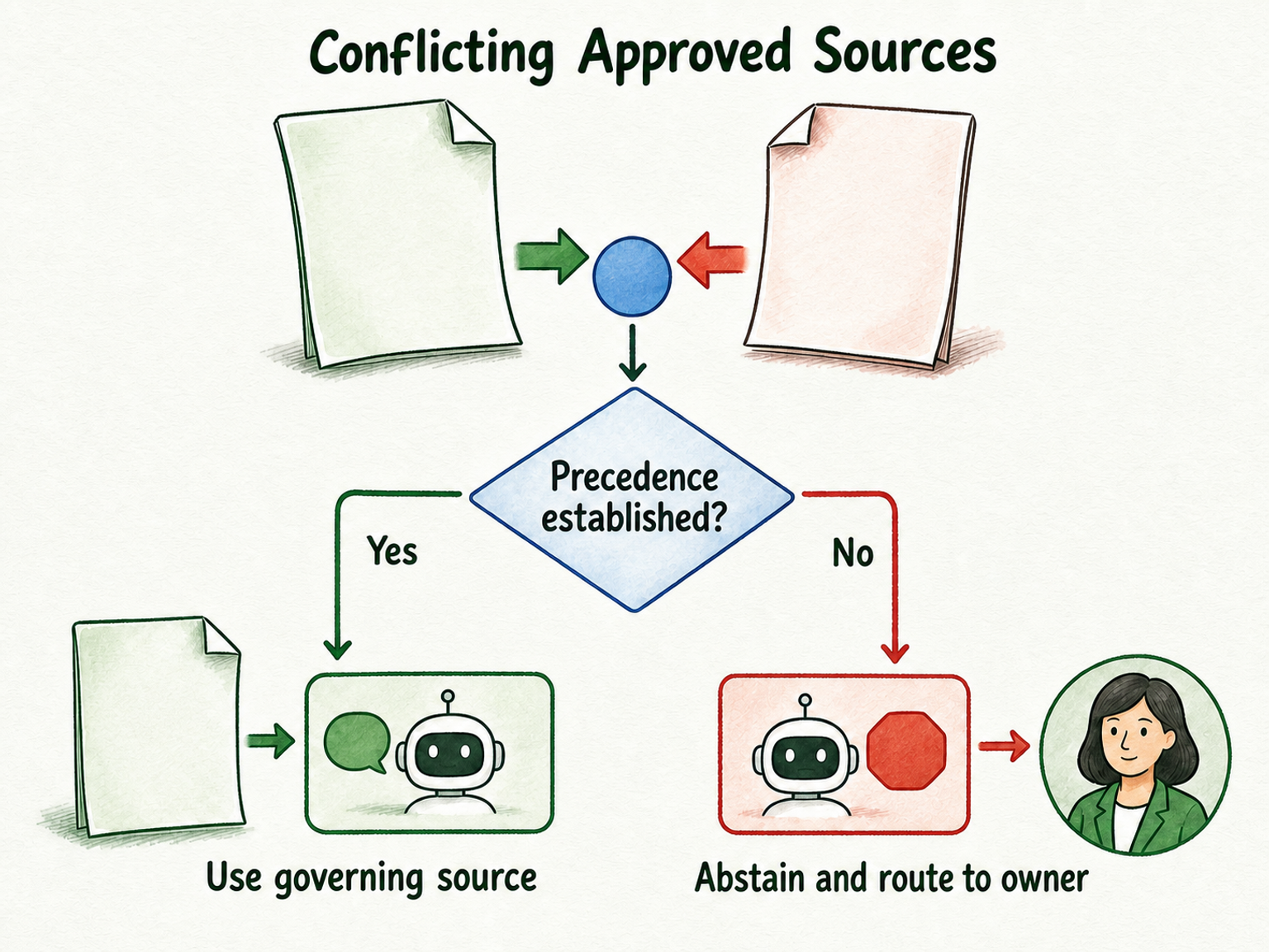 A decision path shows conflicting approved sources leading either to a governing source or to abstention and owner review.