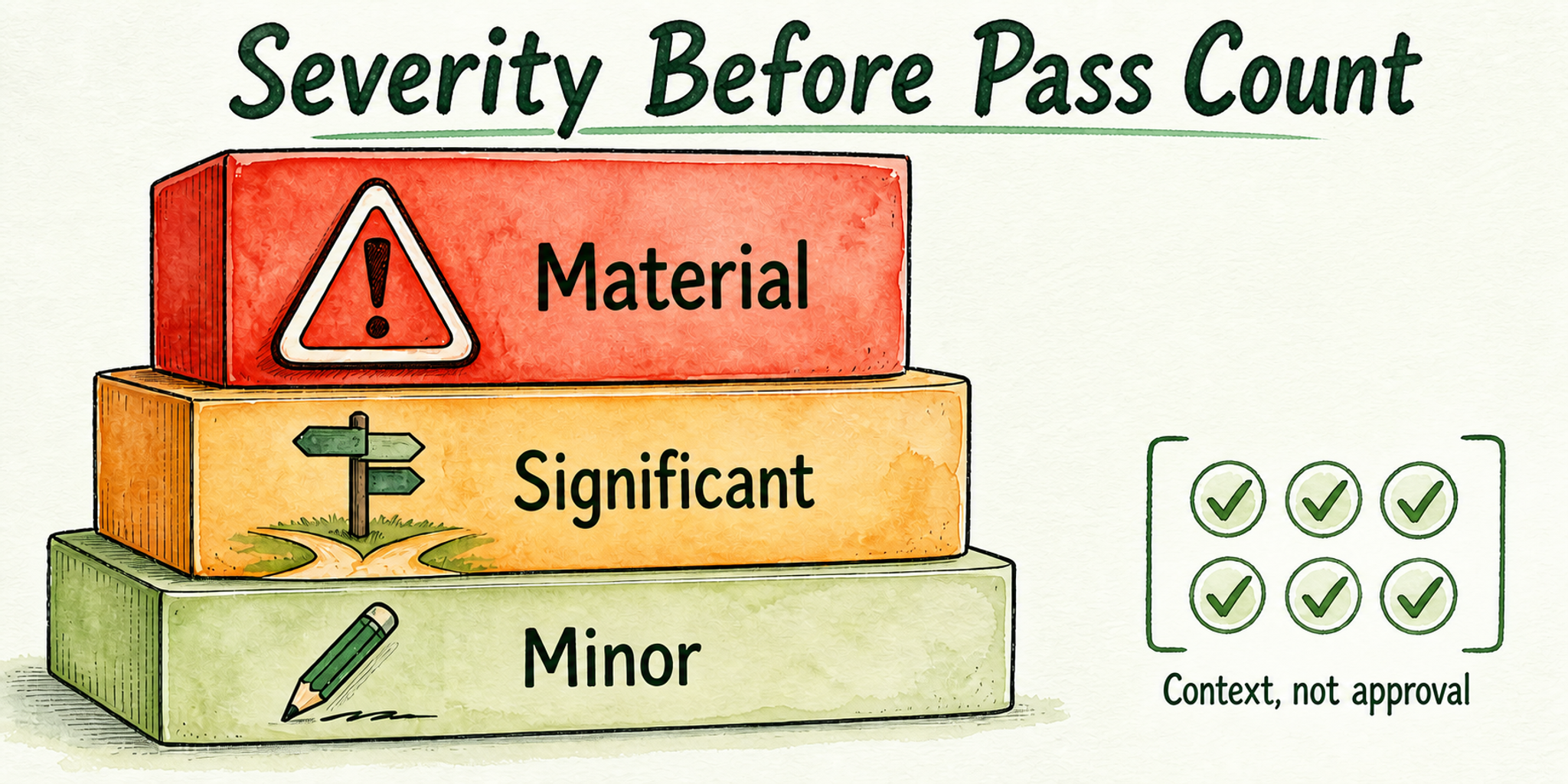 A consequence-first severity stack places material failures above significant and minor issues, apart from the raw pass count.