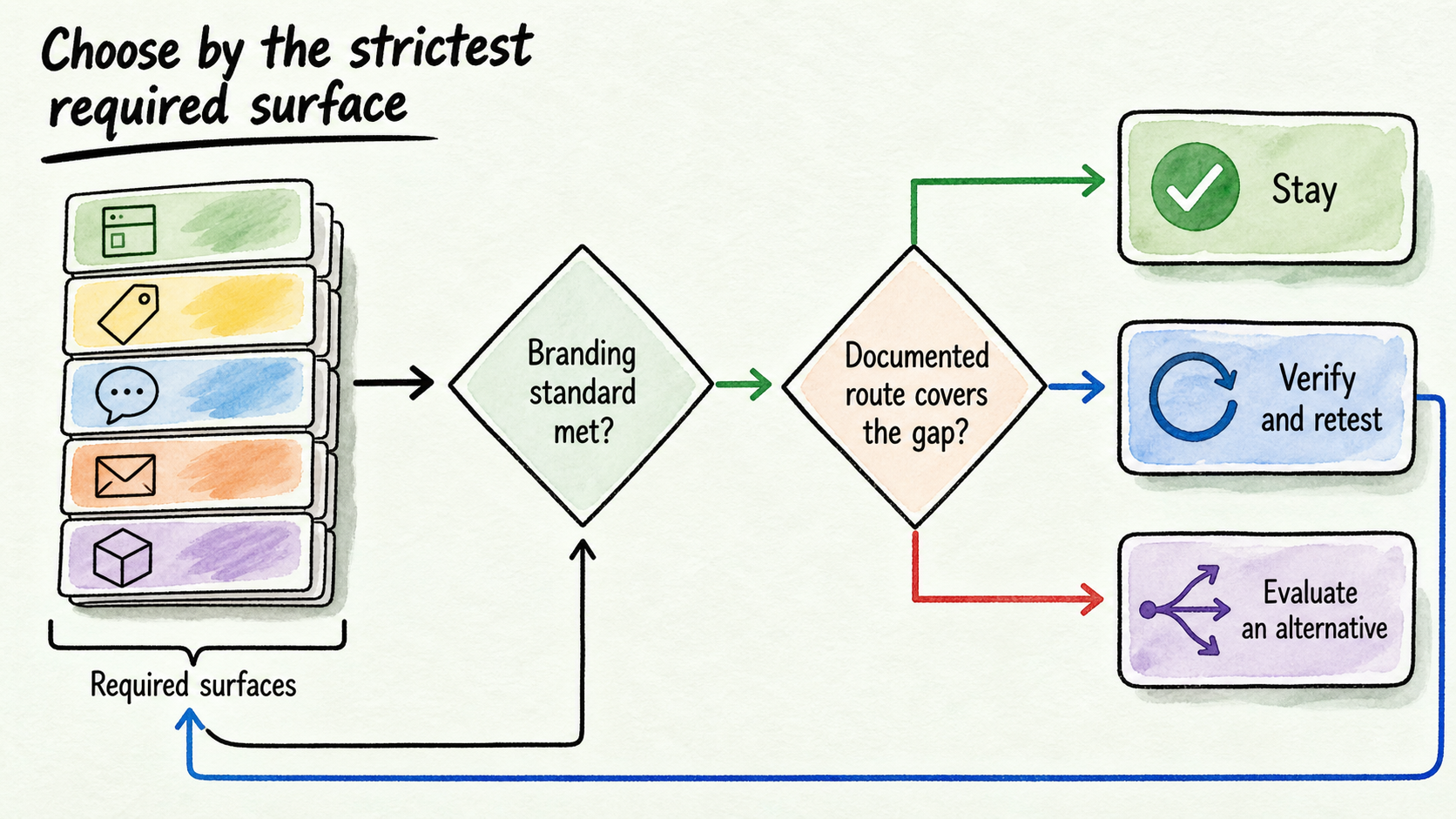 A decision tree routes a branding audit to stay, verify and retest, or evaluate an alternative.