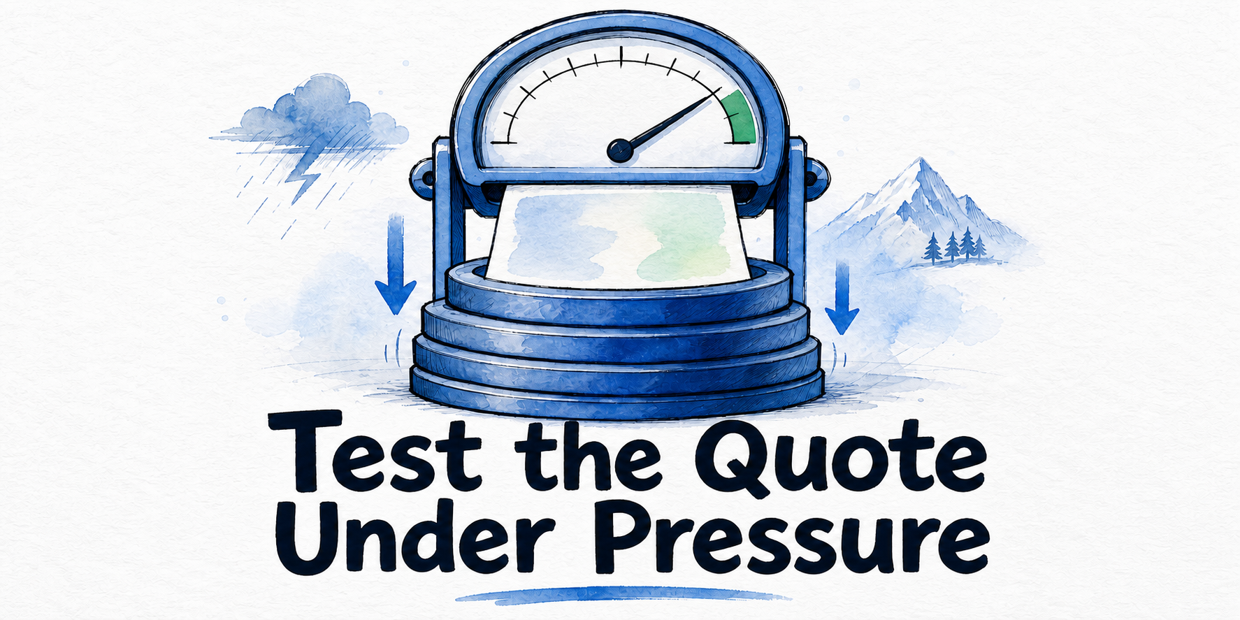 A reseller quote sheet passes through a pressure gauge toward a green approval zone while cost deductions pull its margin downward.
