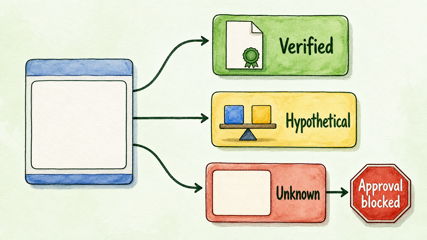 A worksheet input moves through verified, hypothetical, or unknown status; a material unknown blocks quote approval.