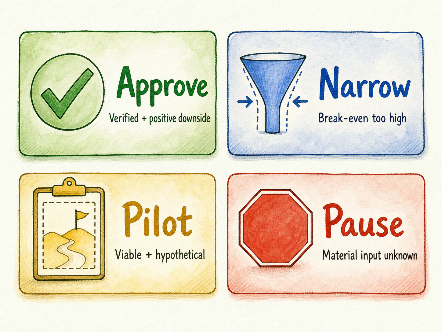 Four outcome cards route a reseller quote to approve, narrow, pilot, or pause according to evidence and downside results.