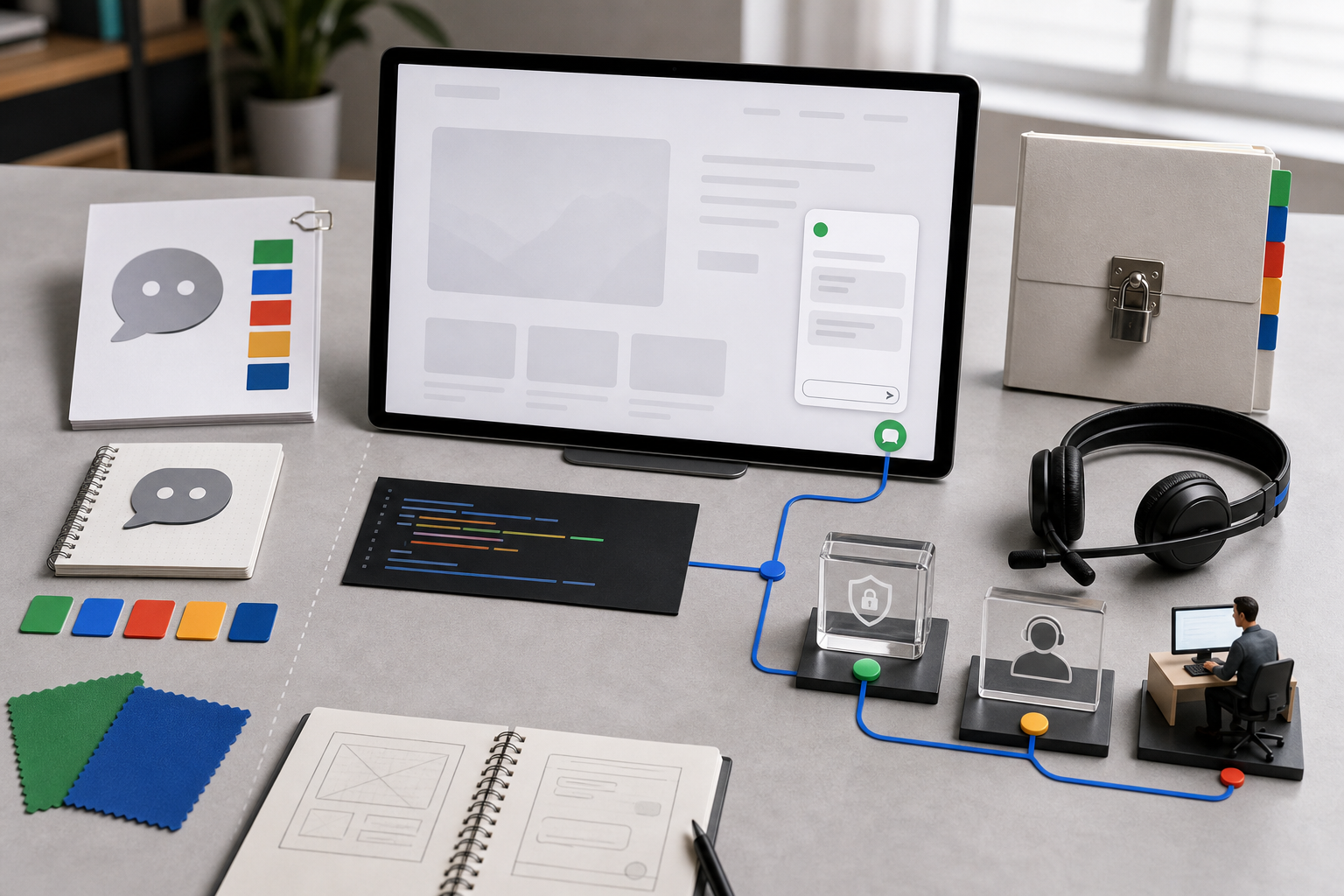 White-label chatbot ownership shown as a branded website assistant connected to support, handoff, data, and client experience controls.