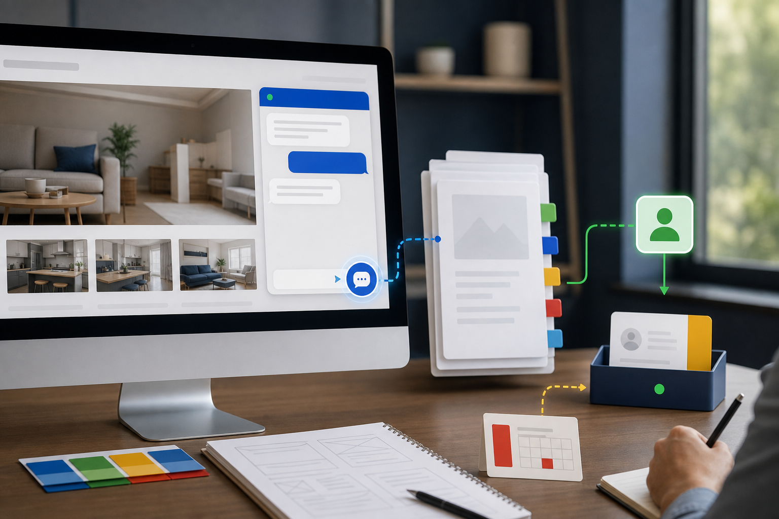 A branded website assistant scenario showing visitor questions routed from owned content to a human follow-up path.