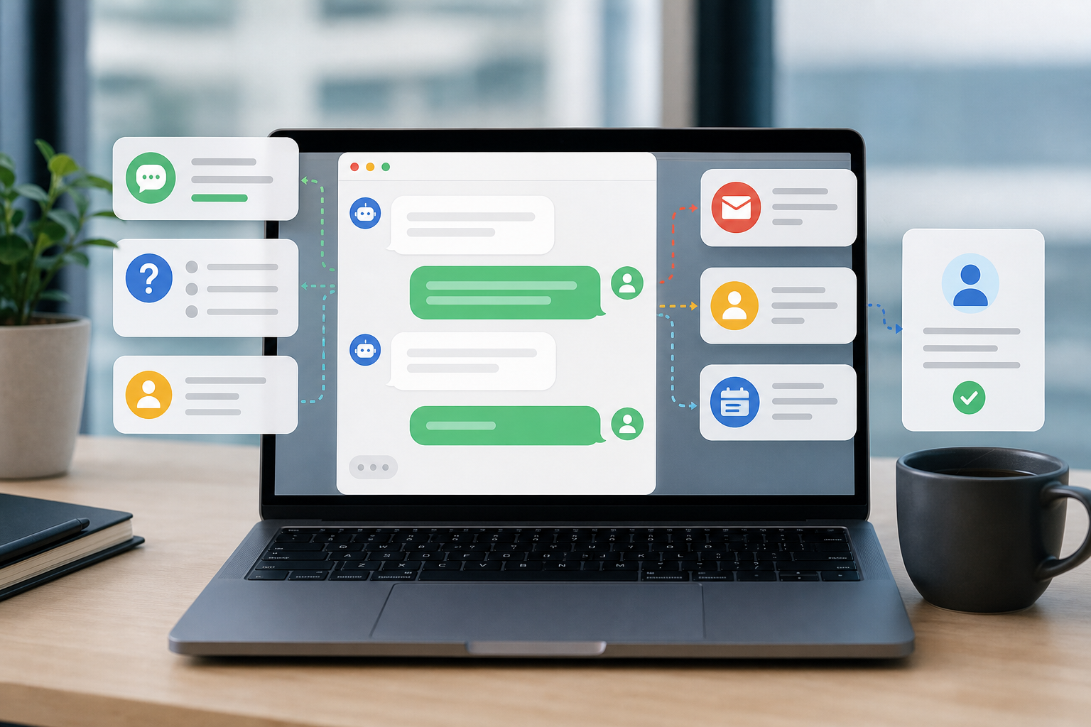 A branded chat workflow split between conversation handoff and governed action pathways.