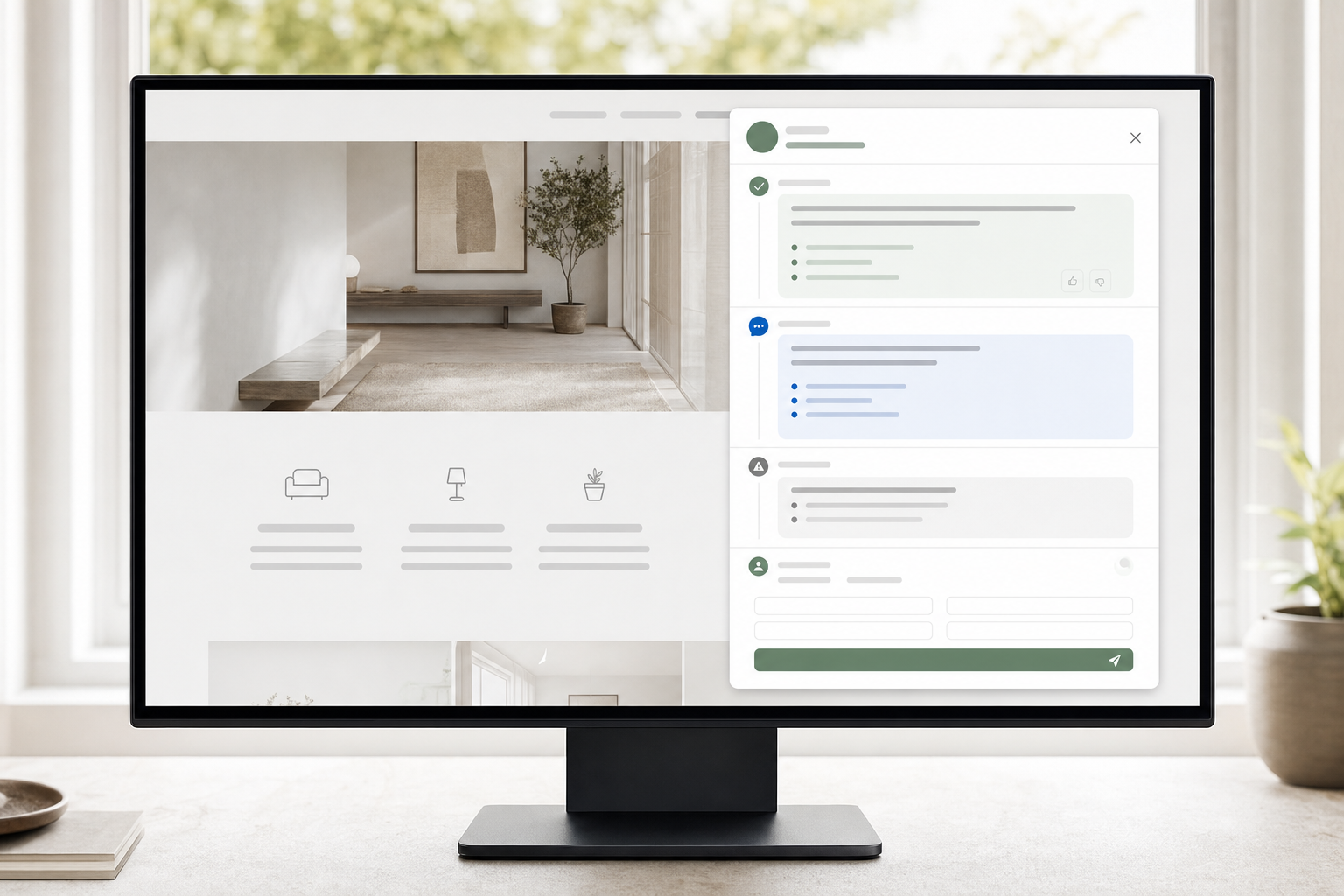 Evaluator tests a branded website chatbot as its answer, lead capture, and handoff unfold in one visitor view.