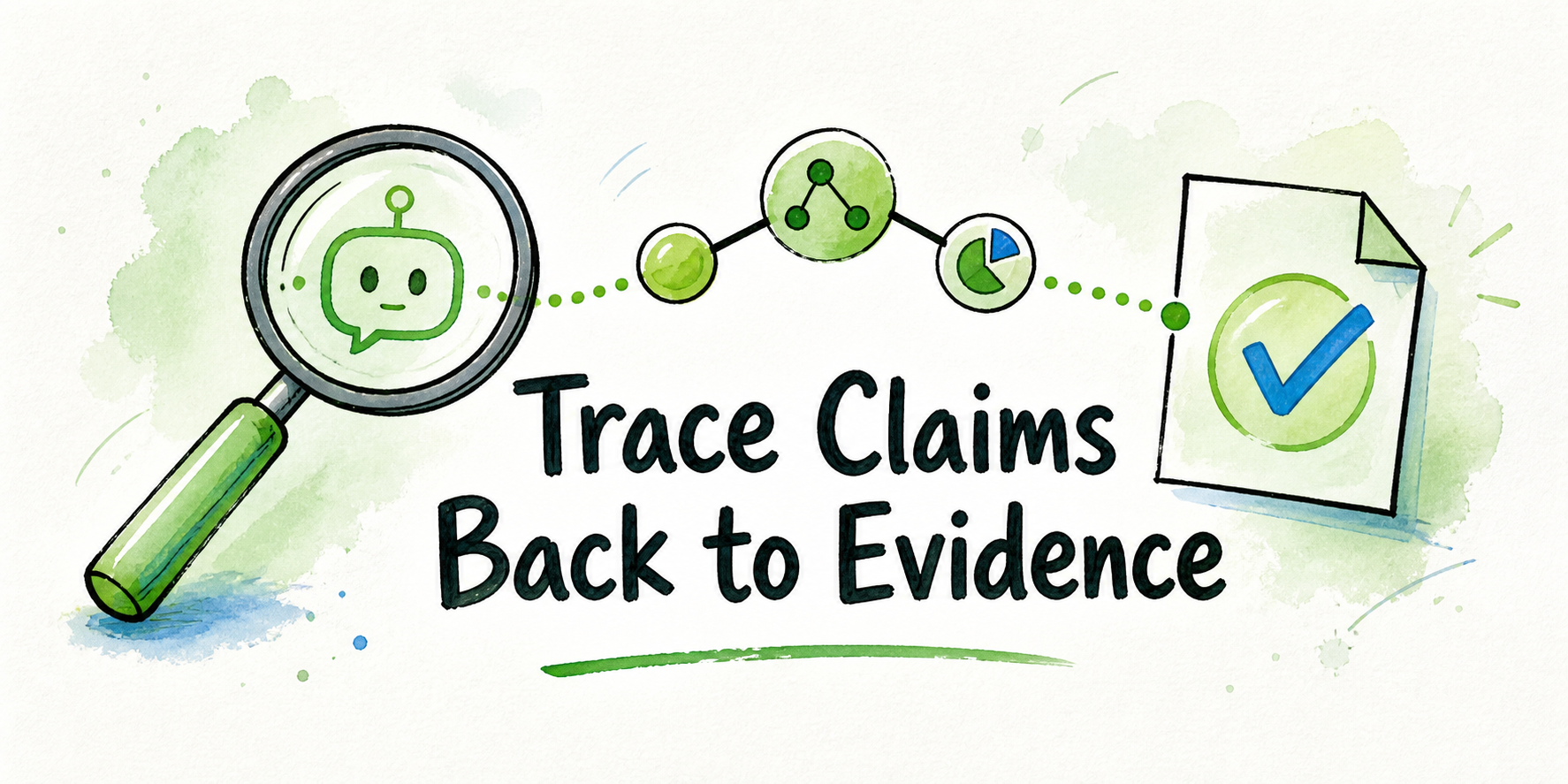 A magnifying glass follows a chatbot data trail through connected service nodes to a checked evidence document.