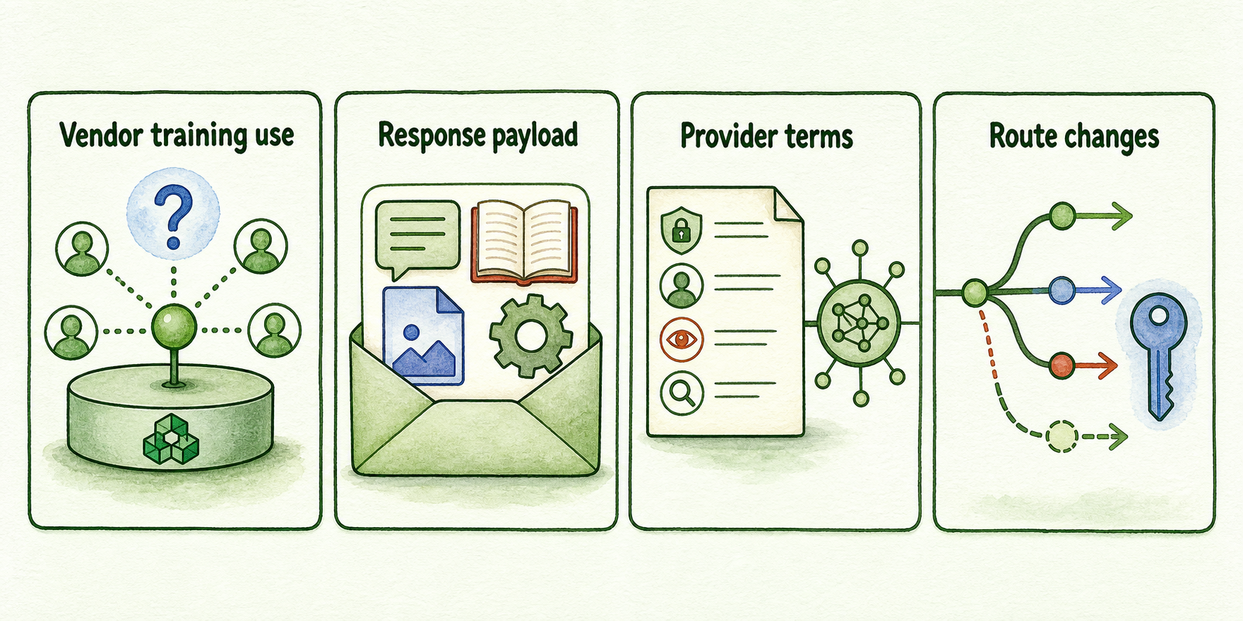Four-part model data-use review covering vendor training, response payload, provider terms, and routing changes.