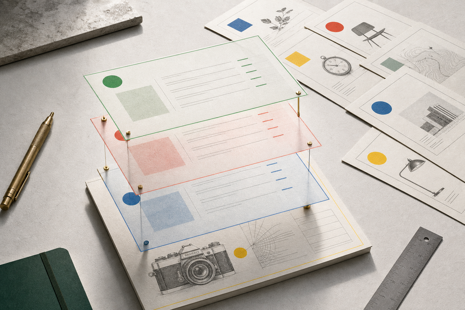 Exploded view of seven AI sales assets with include, avoid, and verify layers.